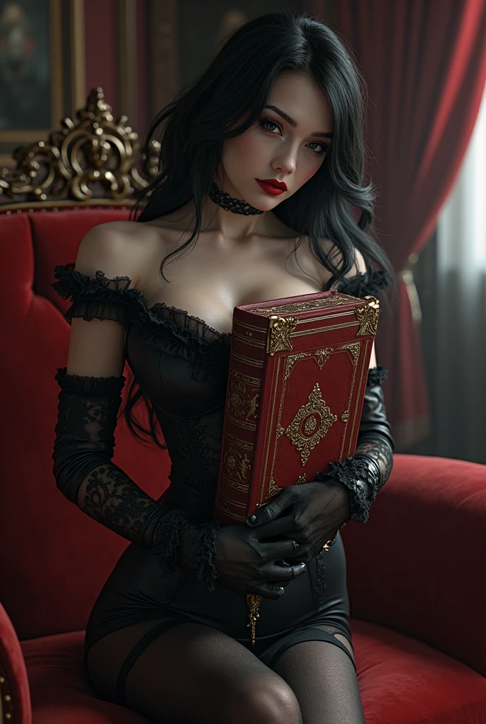 woman with curly brown hair, slightly ashy hair, pale skin color, Red eyes, fright, in a long black dress and corset and belts, with curly horns like a ram, dark fantasy character design, dark elf tiefling, , epic exquisite character art, dark fantasy art, looks like Elizabeth Olsen, Dark Sorceress Full View, Amazing character art. standing in the library with a book in his hands