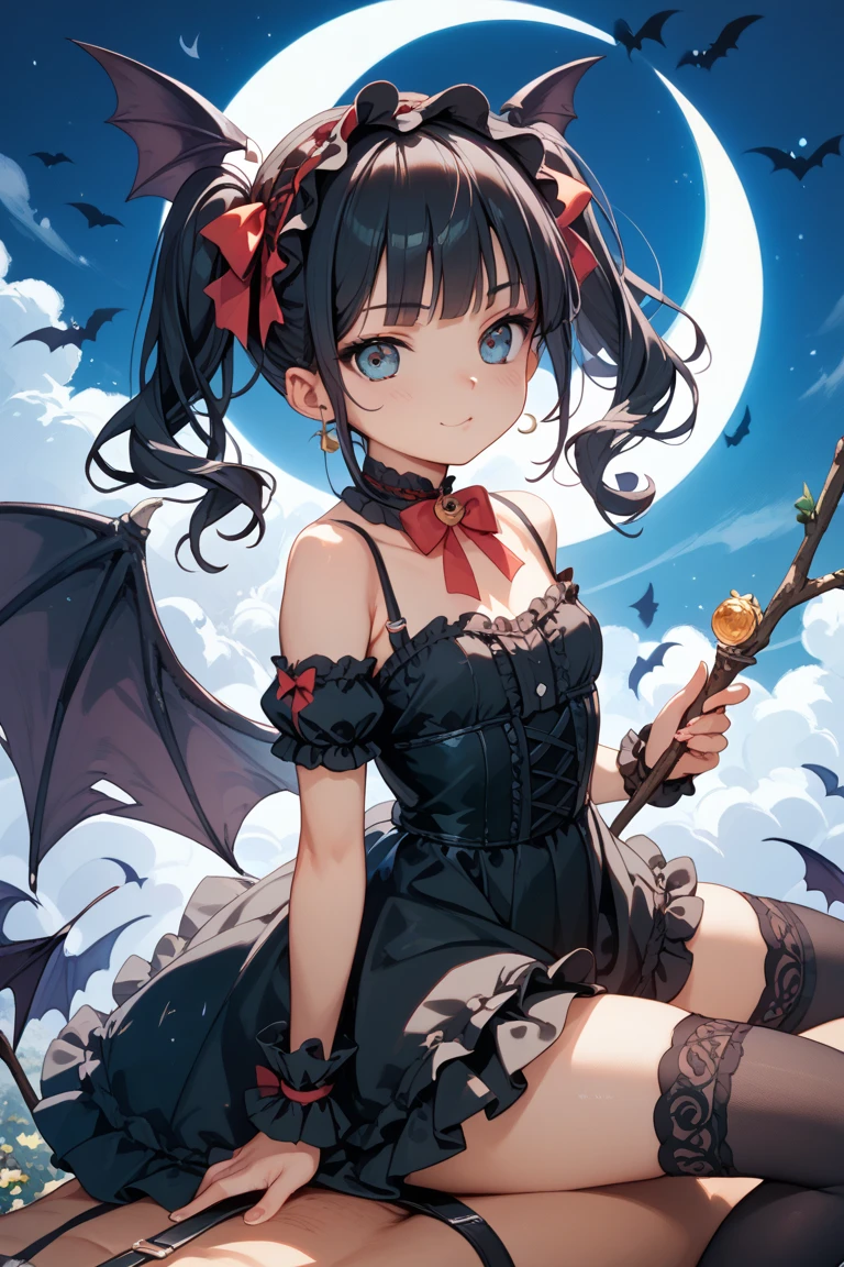 ((Masterpiece, highest quality, 8K))), high-definition background, bright and beautiful atmosphere, score_9, score_8_up, score_7_up, source_anime, masterpiece, highest quality, high resolution, absurdity, aerial photography, flying, one girl, Solo, medium breasts, ahoge, various hair colors, puffy hair, side locks, (heterochromia), very flashy dress (belly button visible), bare shoulders, vampire, smile, open mouth, fangs, garter strap, Skin dent, bat wings, outdoor, night, moon, castle, cowboy shot, various angles,