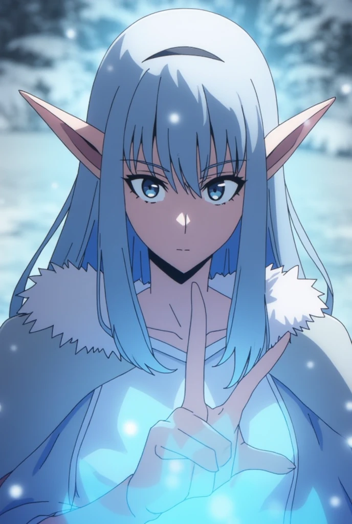A white haired elf beautiful girl anime character, upper body, in a snowy weather and with super natural ice powers _solo leveling anime style_