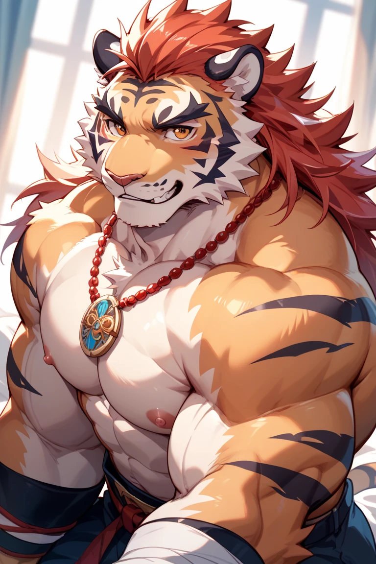 An anthropomorphic tiger with a fluffy, lustrous deep orange mane, with hints of cinnamon and amber.

Dressed in traditional Japanese costumes and a humanoid mouse，Wearing hanbok，Fierce

((abundant hair on the chest up to the navel)) hairy

 His face is rounded and adorable, with lively eyes and a playful expression.

Casual shirt, casual shorts

 ((A medium long beard covers his chin, giving it a wise and distinguished appearance.))

((Ponytail, ponytail)) Beard beard

His body is strong , but with a slight touch of fatness that gives it an attractive appearance of "dad bod. 

The stripes on its fur are thick and pronounced, creating a captivating pattern. 

The tiger&#39;s posture is relaxed and confident, with a mischievous smile

A fluffy tail swings behind him, completing the image of this imposing and cute anthropomorphic character". 



5 fingers

 His expression is cute , with narrowed eyes and a mischievous smile.

His gaze is cute and captivating., as if inviting the viewer to come closer


Assassingamer33,

Zoe-Oneesama, SpiritedArt,

Myrntai, StudioAzurine,





CookieVonCookie] prompts,  by hyaku,

CookieVonCookie]"ultra-detailed,extremely detailed eyes and face,longeyelashes,intricate details,highly detailed , detailed prompts,  by hyaku, by Darkgem, por mapache21