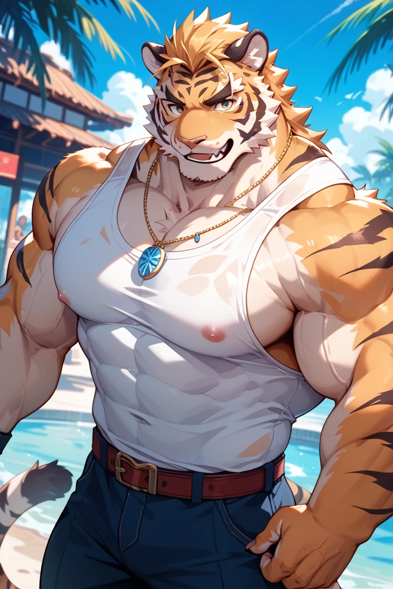 Solo, tiger, black tiger, tiger male, gray hair, white body fur, muscular male, elder male, light red eyes, wearing nothing, gray fur tuft, eastern necklace, star night background, ( by Sollyz, masterpiece, 8k, hd), Looking at viewer, smiling, detailed face, detailed eyes, detailed hair, detailed muscles, detailed clothes, Genshin, nude lower body, bulge on crotch,