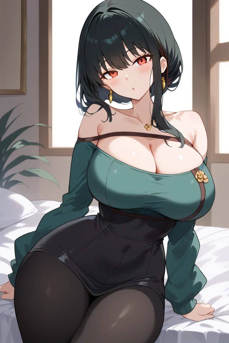 (top quality, masterpiece, high quality, ultra-delicate), ((beautiful girl)), ((Dark black hair)), mature, graceful curves, (long hair, long bangs), ((bright green eyes)), detailed eyes,, bangs, fashionable clothing, large breast and chest, charm, fashion, small blush, thick thighs, breast, green earrings, laying on a bed, with a blanket over her body, smiling.