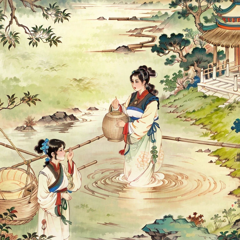 Full body,masterpiece,a slender and beautiful Chinese girl with long hair and slender waist,looking at the audience,medium breasts,narrow waist,short waist,wide hips,slender legs,thick pubic hair,wearing a wet and open white thin gauze long Hanfu,soaked in water,accidentally exposing pussy,cleavage,leaning against the rocks of rose bushes,a large waterfall splashing,traditional Chinese painting,seductive dynamic posture,Pink: 10 River: pine:10  Fish in the water,thick and thin lines,illustrations,dynamic composition,surrounded by white mist,black wet long hair,parted lips,tigers in the river,trees and shrubs and bird,(nsfw:1.1),<lora:å¤è£æ°´å¢¨gubinxin:0.6>,