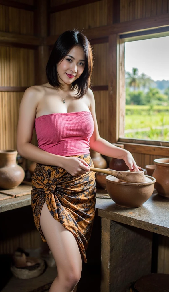 A 56 years old naked Indonesian woman in peach color hijab, smiling and cooking chicken in the old bamboo kitchen in a forest, look to the food with eye close, dense pubic hair, dark skin, curvier body, short body, flat-chested, small breasts, villager, poor woman