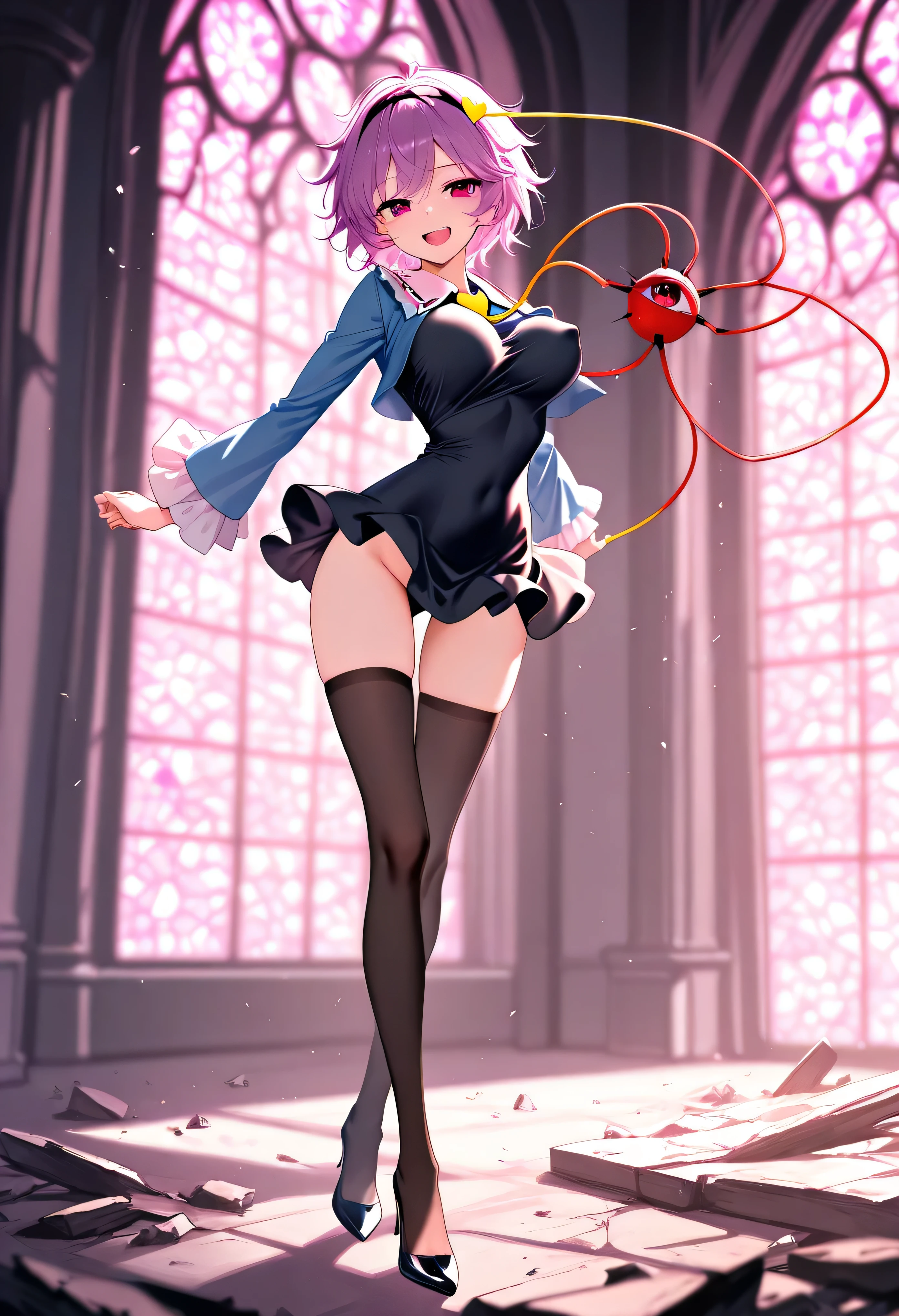(score_9), komeiji_satori, longlegs_v0.22_pony, solo, (1 skinny girl standing), (petite small girl), BREAK, (cropped coat:1.2), (black short dress:1.2), (thigh gap), (groin:1.2), black thighhighs, stiletto heels, BREAK, looking at viewer, {smile:0.2}, {open mouth:0.2}, (bouncing unaligned breasts:1.3), arched back, BREAK, (too short torso:1.2), (too narrow waist:1.2), (too short waist:1.2), (covered large nipples:1.1), {orgasm}, BREAK, stained glass