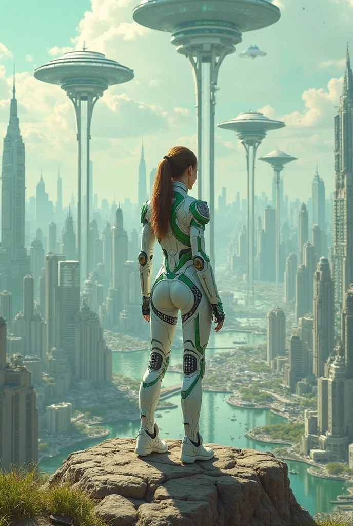 Highest quality,(masterpiece:1.2),Ultra-high resolution,Raw color photography,8K,Vast landscape photography,Realistic photos,Elaborate photos,Woman living in a futuristic city,,(From the back:1.5),(From below:1.2,Woman standing in a futuristic city,The vast city spreads out before your eyes,The sky is a vast universe,Dark Sky),Written boundary depth,Wide Light,Low contrast,Backlight,Sharp focus,Vibrant colors,Dynamic configuration