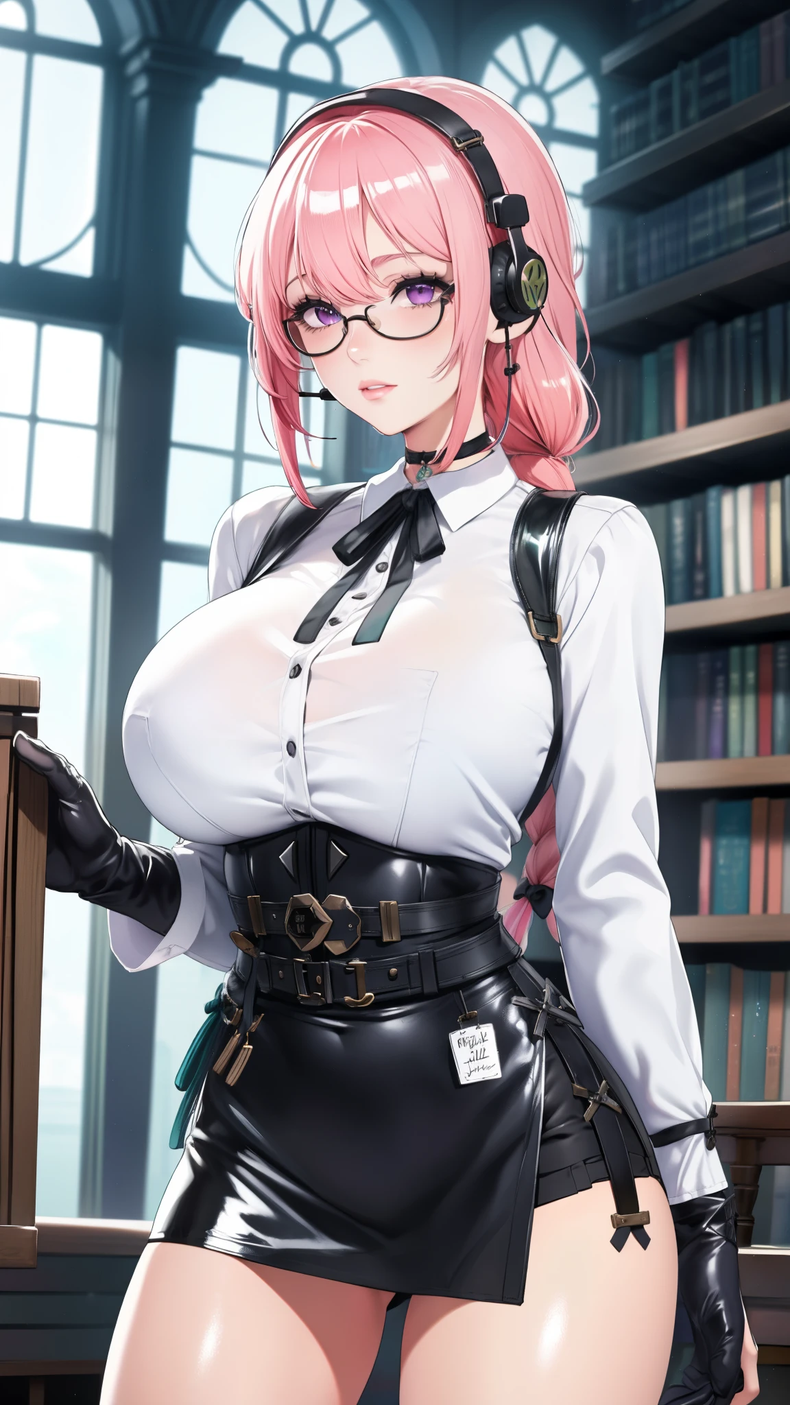 bright clothes, a girl, (Yanagi Tsukishiro ), Alone, Standing, front view, looking at the viewer , long braided hair pink, beautiful eyes , detailed eyes , purple eyes shirt, huge breasts, sensual lips, ((samurai armor shoulder pad)) , ((earpiece for the right ear)), harness, glasses, choker :1.6, black gloves, ((high waist shiny black miniskirt)), ((White shirt with collar)), (black ribbon for the chest), (dark green neck strap), (Gothic style library ), Gloomy ambience,
