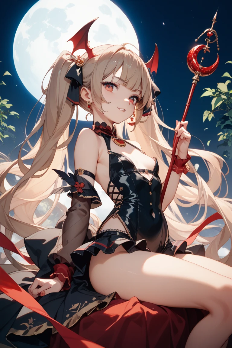 1girl, masterpiece, absurdres, long hair, french braid, flawless skin, pale skin, and  angel, female ,blonde hair, green eyes, medium breasts, slim waist, cleavage, collarbone, wide hips, light makeup, seductive smile, full moon, red moon  ,forest, nighttime, cemetery. 1girl, female demon, succubus, with  red hair, yellow eyes, lingerie, lace-trimmed panties, horns,kissing, 