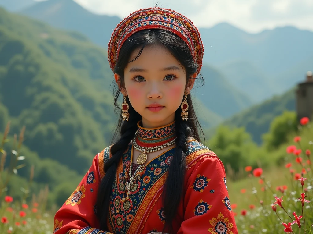"Generate a hyper-realistic image of a -yeld gifrom Kyrgyzstan with authentic  features, traditionally dressed, set against a realistic road background, showcasing the best quality and intricate details."