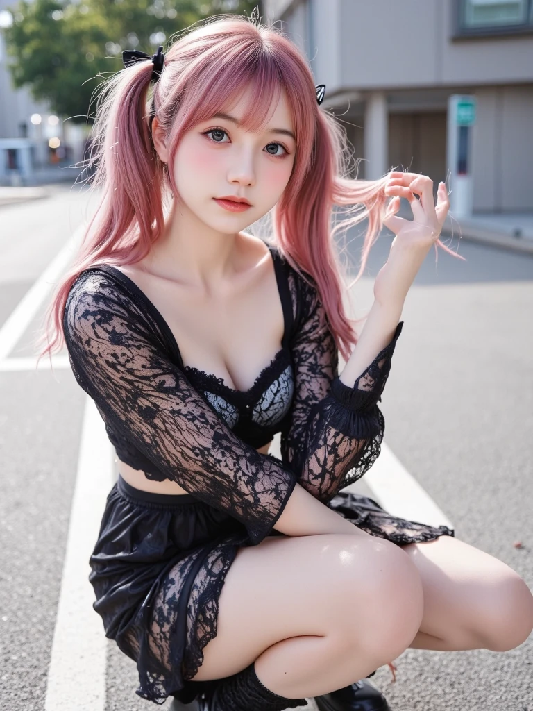 (photorealistic:1.6),(High resolution:1.6),(solo, one girl:1.5),(cute girl),(Japanese:1.3),(Preteen),(platinum pink hair:1.3),(short mini bob hairstyle:1.1),(sweet smelling girl),chuuChloe,(Bangs Bangs:1.3),(Shy girl:1.5),(glimpse panties:1.3),(Lifted Skirt:1.4),(showing panties:1.4),(choker:1.2),(studded leather wristband:1.1),(White small Thong:1.3),(punk style clothes),(graffiti on wall:1.3),(pleats skirt),(Camisole:1.3),(Front lighting),(Brightened up photo),(Color tights),(Kabukicho, Tokyo)