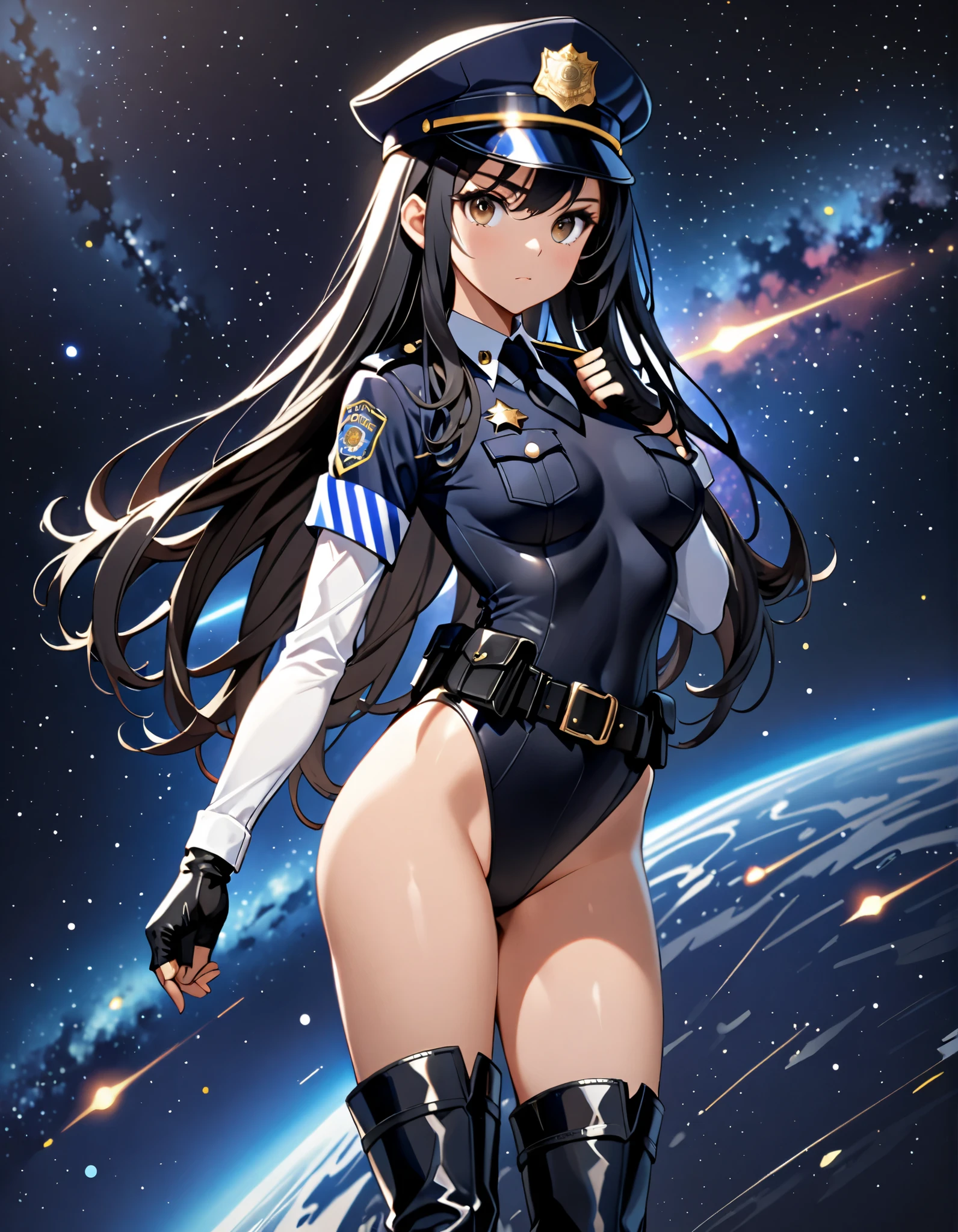 Beautiful Woman Height 170cm、Bust 100
　Beautiful bodystocking  underwear,(( sexy bikini   latex))   body stocking,swim wear, Beautiful thighs、Beautiful Skin、detailed groin、Huge machine gun、I was captured by the enemy and had my hands and feet tied.、Female soldier、machine-gun、Holding a firearm、Armament、Soldier、laser weapon、future world、Science fiction movies  大universe、beauttiful stars、Sparkling star particles、
　Light　黒Brown Hair　A friendly smile　tear,tear,tear,　magic Masterpiece Night　Magic sexy, extremely beautiful 22歳　Big Breasts Beautiful Eyeagical gentle lighting    cowboy shot  ,Beautiful decoration、Imprisoned、Detained、Lock、handcuffs、Science fiction movies beautiful Beautiful scenery、universe、Milky Way