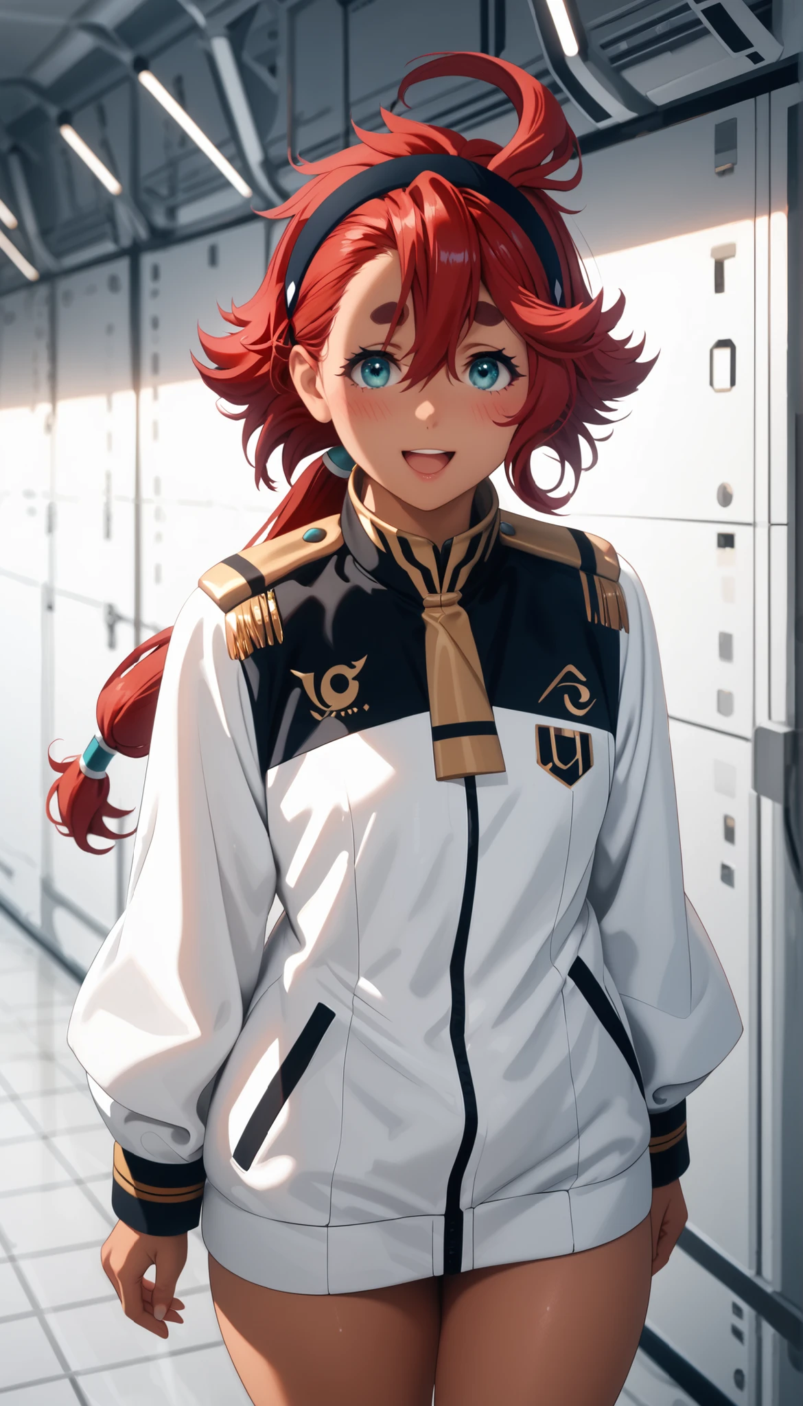 sulleta mercury, ahoge, aqua eyes, black hairband, dark skin, dark-skinned femaile, hair between eyes, hairband, long hair, low ponytail, red hair, swept bangs, thick eyebrows, open mouth, shy smile, Blushing, asticassia school uniform, jacket, long sleeves, school uniform, white jacket, thick thighs, (nsfw), outdoor,
((ultra-detailed)), (((high dynamic range lighting))), (((masterpiece))), (best quality), highly quality, intricate details, (extremely detailed CG unity 8k wallpaper)), best shadow, ((extremely detailed fine touch)), (high resolution), (8K), (extremely detailed), (4k), (pixiv), perfect face, nice eyes and face, (super detailed), detailed face and eyes, textured skin,