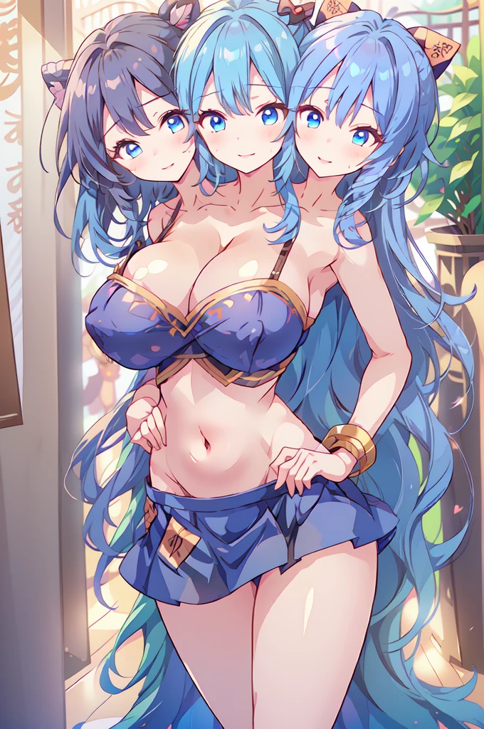 (masterpiece, best quality), best quality, (ultra-detailed), (3heads:1.5), 1girl, (Megumu Iizunamaru:1.3), masterpiece, best quality, ultra quality, ultra resolution, ultra detail, dark blue top, crop top, ((stomach)), midriff, ((groin)), dark blue skirt, normal ears, shackles, blue hair, very long hair, wavy hair, (blunette:1.5), red eyes, detailed eyes, parted lips, open belly, smiling, cute, toned belly, hand on own chest, eyelashes, (2 woman:1.3), (masterpiece:1.5), (best quality:1.5), (beautiful detailed), extremely detailed CG, extremely delicate and beautiful, depth of field, (finely detailed face), (perfect details:1.2), (mature female:1.3), sexy body, slender, large veiny breast, 16k resolution, highres, high quality, high definition, extremely detailed, masterpiece, blue hair, long hair, alluring presence, three heads, short skirt, close up, very big breasts, huge breasts, young, blue tokin, golden pauldron,