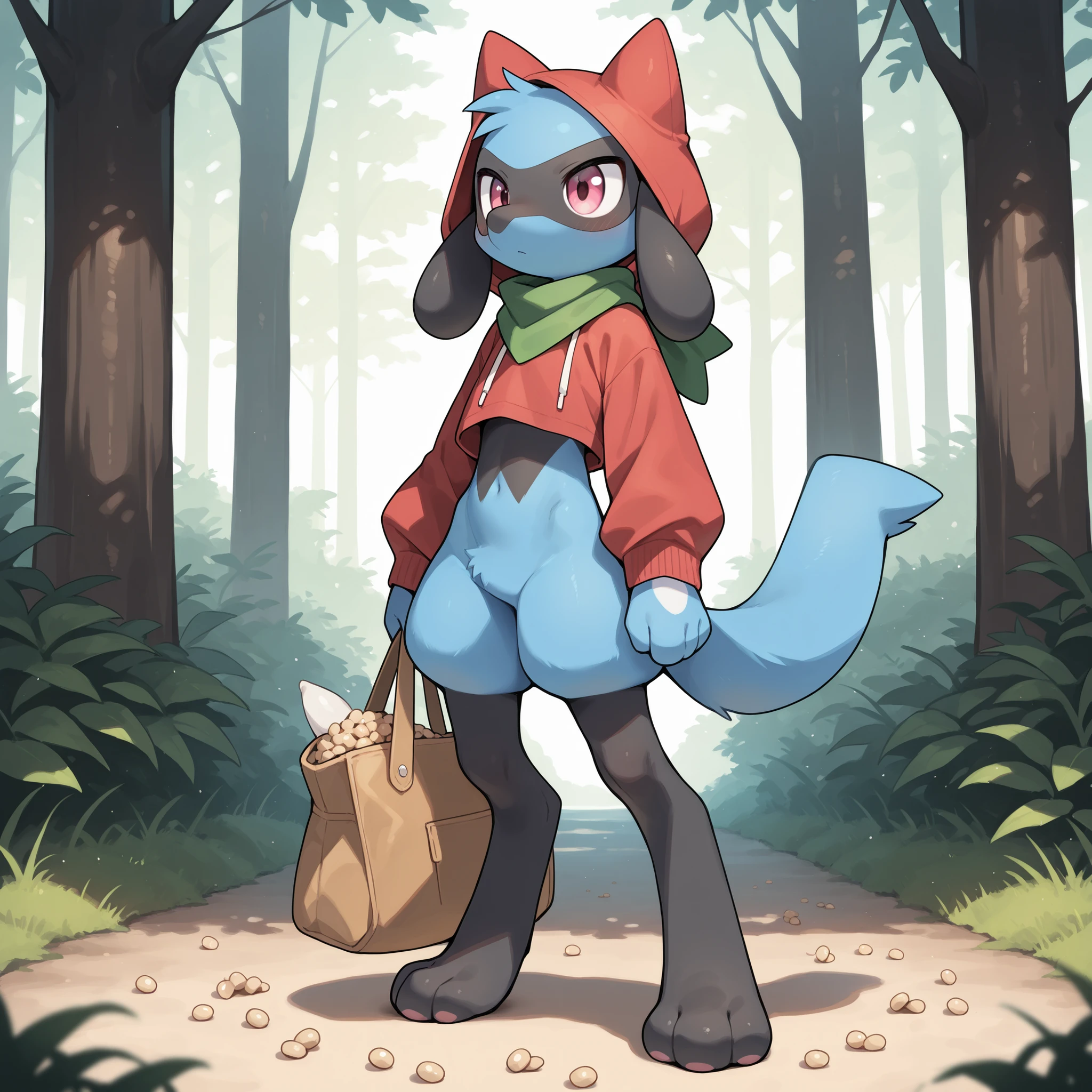 ((masterpiece, best quality)), (anthro furry:1.3, snout:1.2, anthro:1.3, furry:1.2, solo male:1.2) source_furry, rating_safe, (correct  anatomy:1.1), solo, full body, visible feet, three-toed feet, Riolu (pokemon), pink eyes, (blue fur),  green scarf, brown shoulder bag, red crop top hoodie, paws, beans, forest background