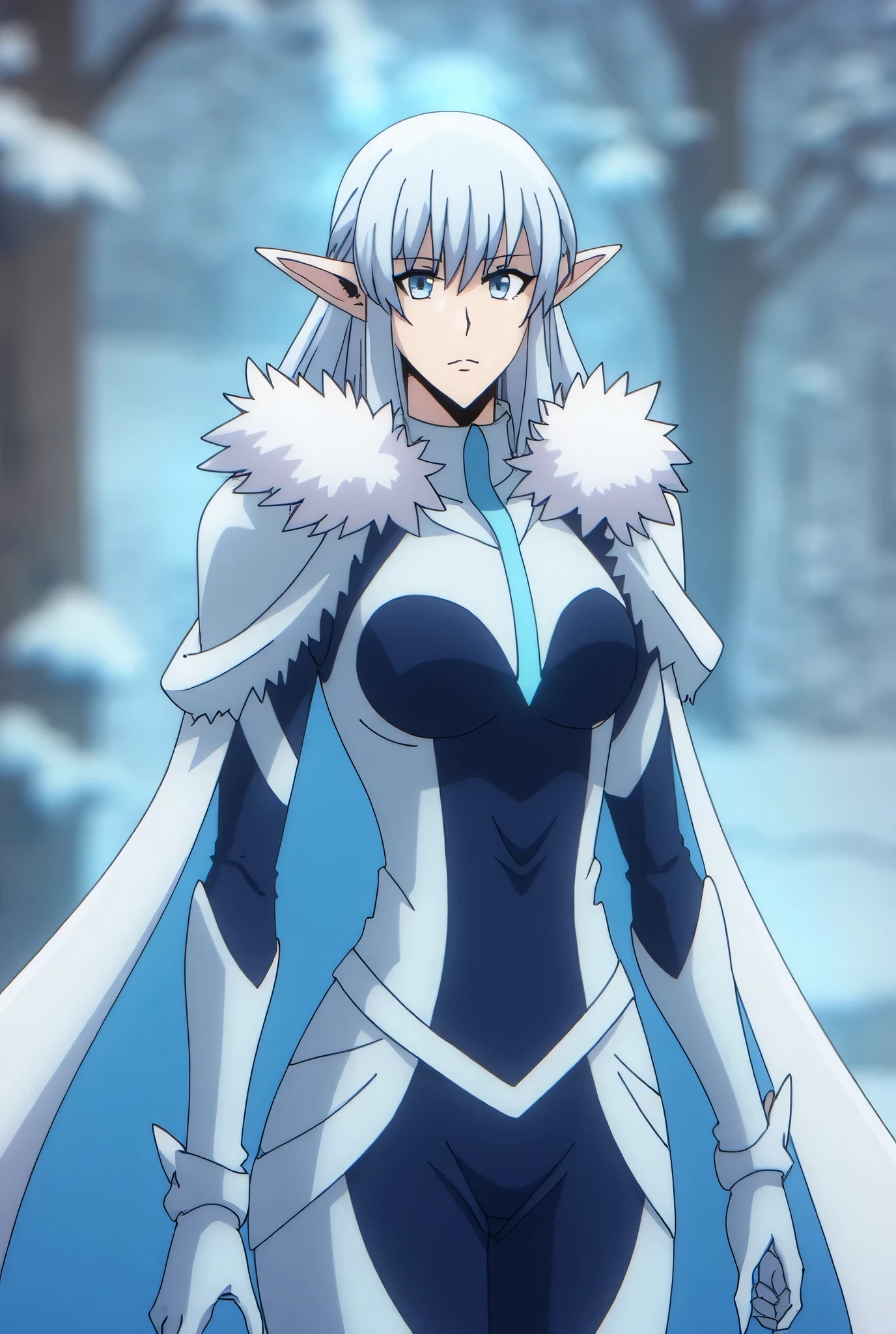 A white haired elf beautiful girl anime character, upper body, in a snowy weather and with super natural ice powers, wearing a battle suit and with the serious expression on her face _solo leveling anime style_