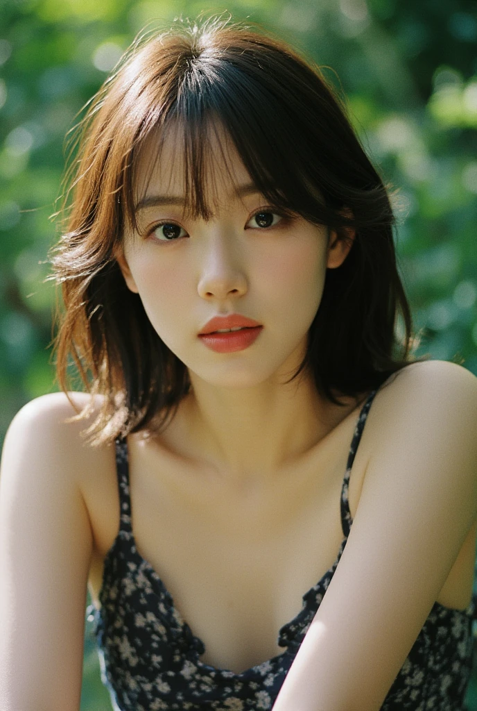 movie, film portrait photography, 1 girl, bare shoulders, wavy shoulder-length hair, calm, Calm, (realistic detailed eyes, natural skin texture, realistic facial details), soft and dramatic lighting, Depth of bounds written, Bokeh, vivid details, in detail, surreal, 35mm film, hazy blur