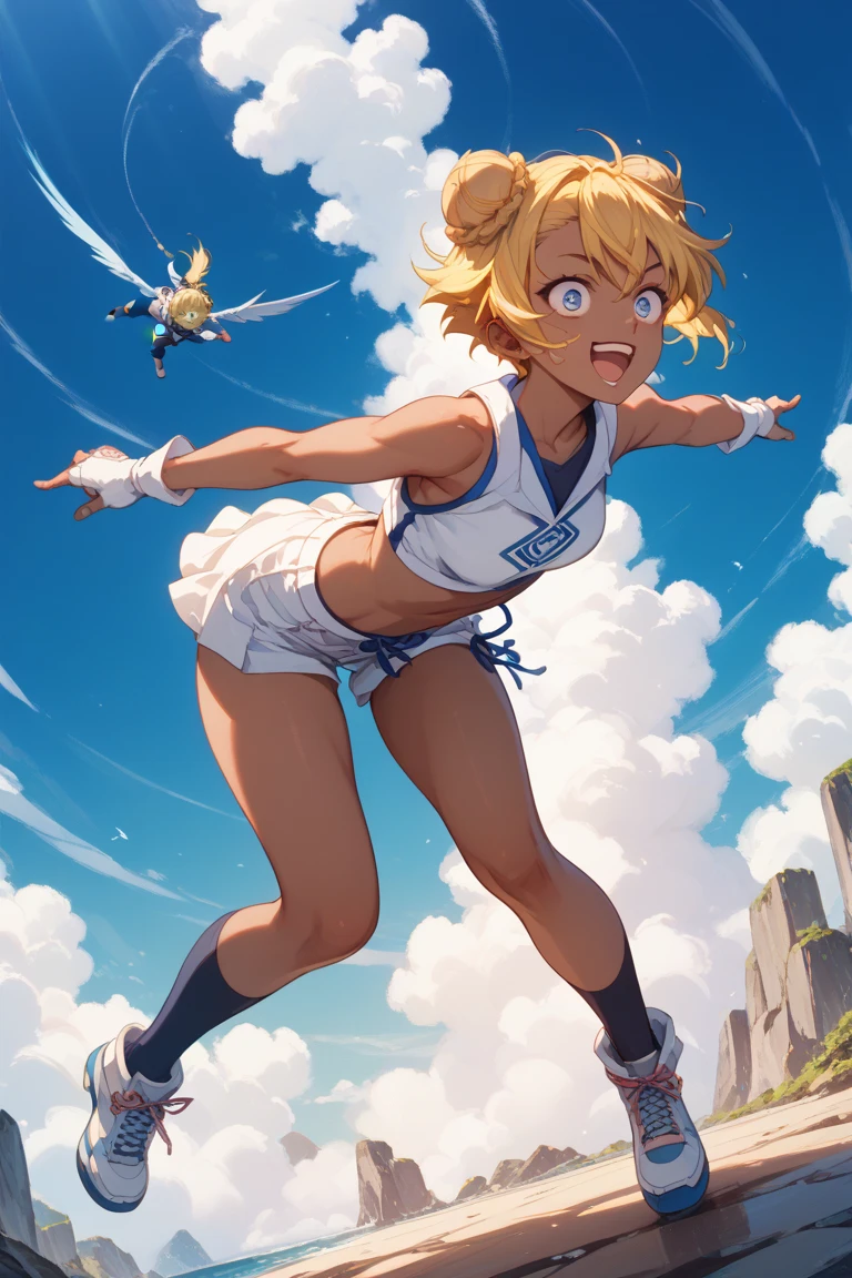 12YO, Short Curly Hair, Blonde, Beautiful Face, masterpiece, ((See-through)), (Perfect Anatomy:1.2), Combat Stance,(Flat chested:1.4),high kick,from below,1girl,A fearless smile,perfect body