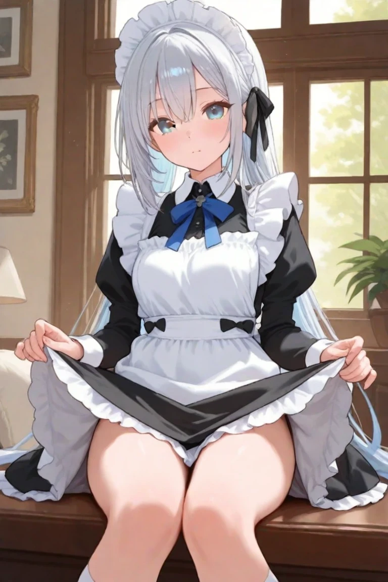 highest quality、masterpiece、((1 girl:1.5))、((smile:1.3))、(blush:1.4)、Black Shirt、blouse、((fun!!))、(Small breasts)、()、Blonde、(Long sleeve)、((White apron:1.5))、((Maid))、((hair ornaments)),、Kamimei、look at me、 ((in house:1.5))、 Taking a break from watching the audience、Cowboy Shot、((Shaved:1.5))、(Roll-up skirt:1.3)、(Fully exposed and highly detailed labia:1.5)、((Skirt lift:1.5)),()、(long hair)、、(スカート that rolls up:1.3)、()、Light blue eyes、long hair、Glowing Eyes