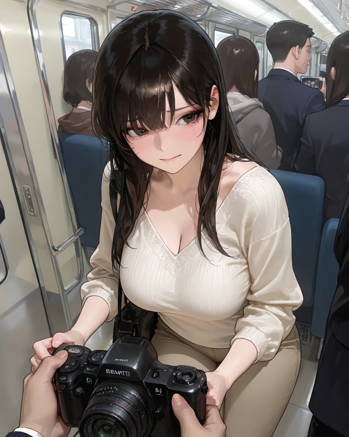 Girl with huge breasts wearing a micro bra on public transport during busy rush hour