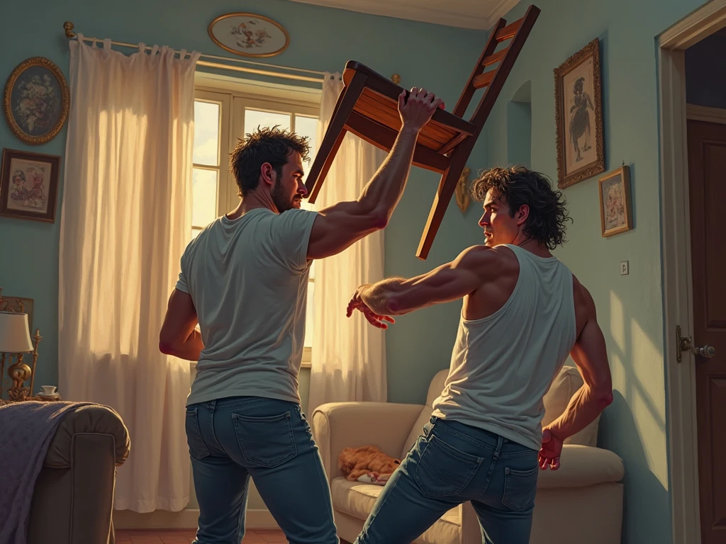 Two handsome men with a slim, shirtless face and black pants dancing against the wall, one stands with his back turned and the other facing the wall