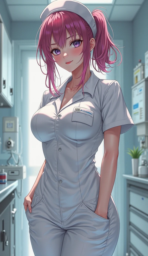 Masterpiece, realistic art, dynamic angle, slender toned build, sakurauchi riko love live, shiny detailed yellow eyes, lab coat, collarbone, cleavage, doctor, blue top,pink miniskirt, holding drug bottle, erotic figure