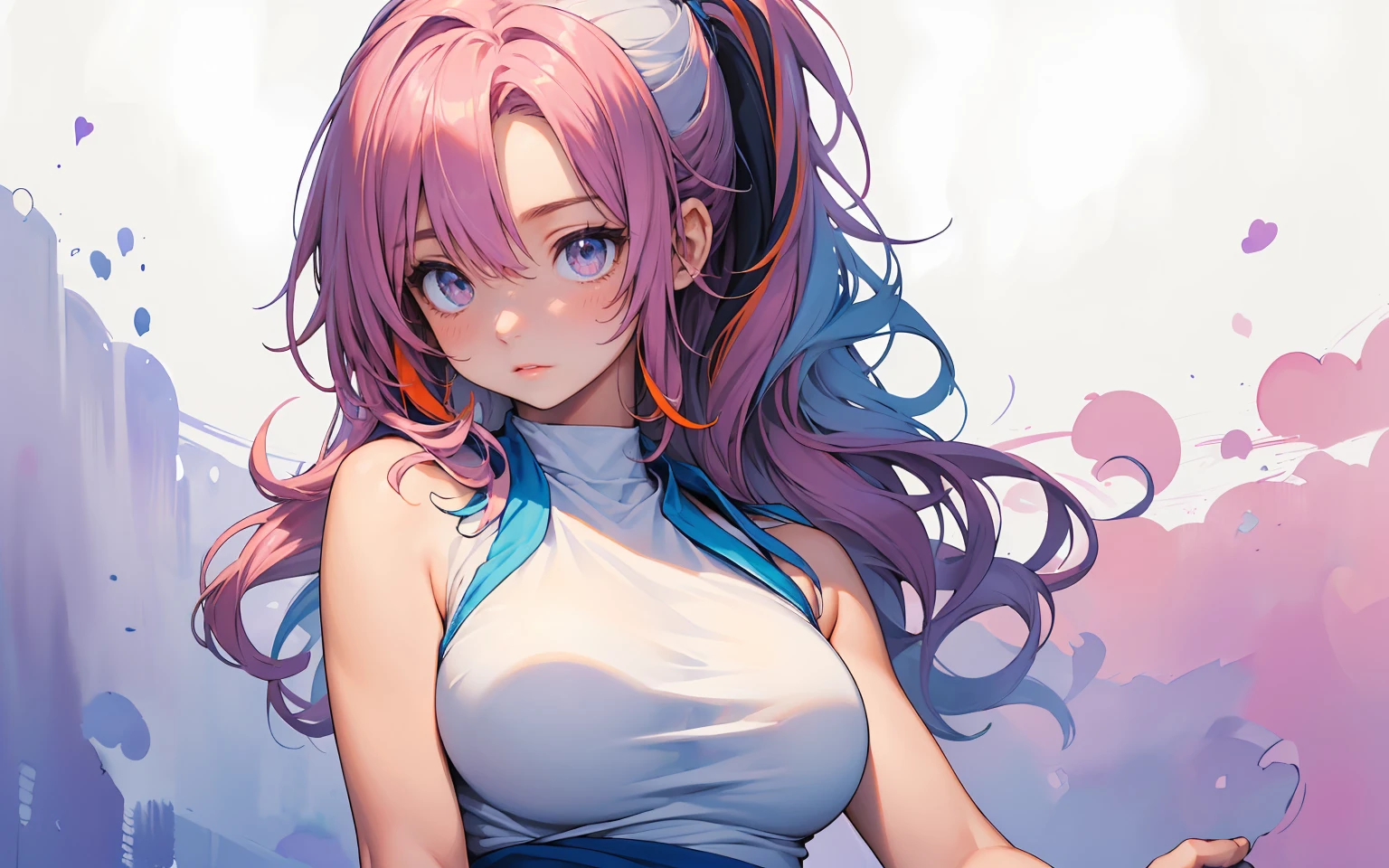 glowart: 1.0), (bright, sketch, drawing: 1.0), 1girl, bangs, blue eyes, blush, collarbone, hair between eyes, long hair, looking at the viewer, bra, open mouth, pink hair, portrait, shiny, shiny hair, side ponytail, solo, wet, wet hair
