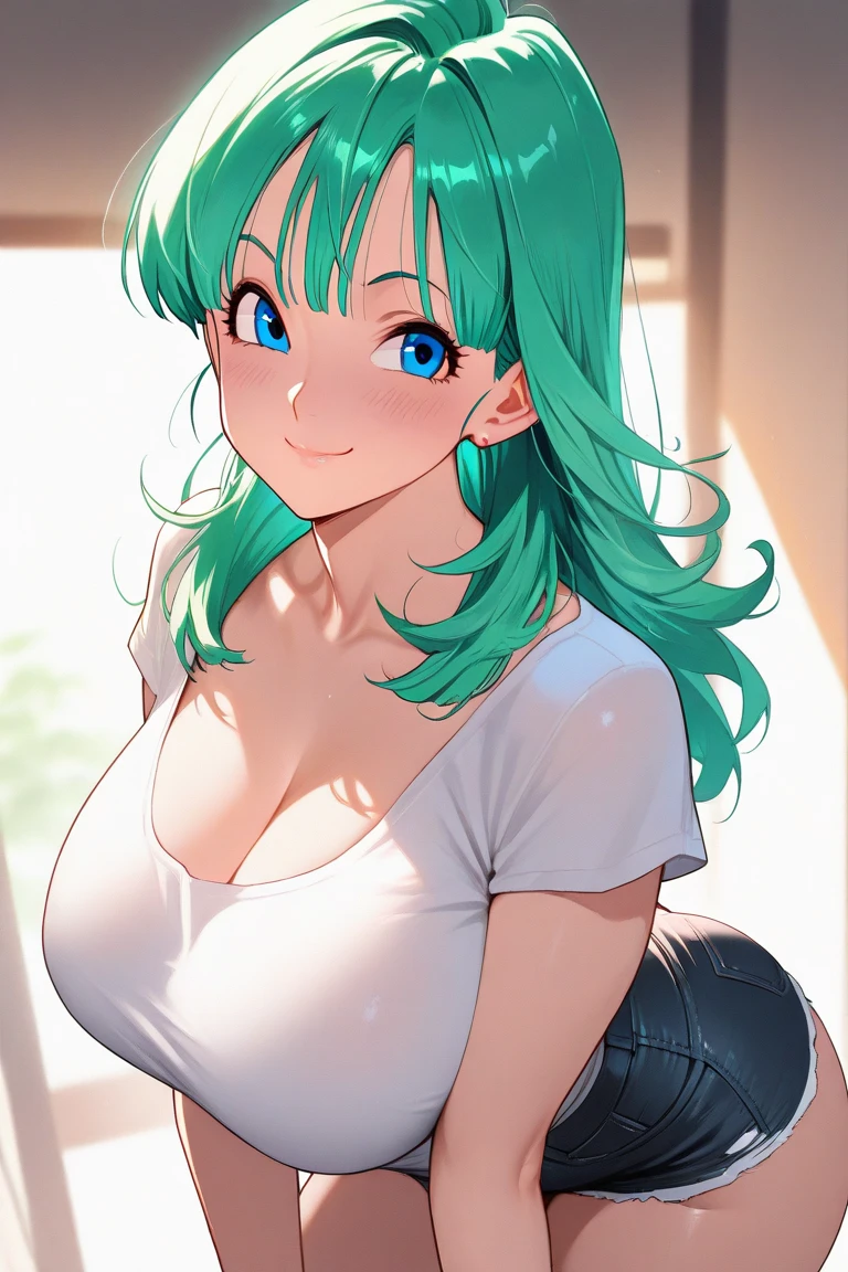 anime girl, beautiful, long green hair, blue eyes, hair clip, big breasts, cleavage, stylish black long-sleeved blouse, pleated skirt, choker, beautiful smile, hallway, blushing, mole on cheek