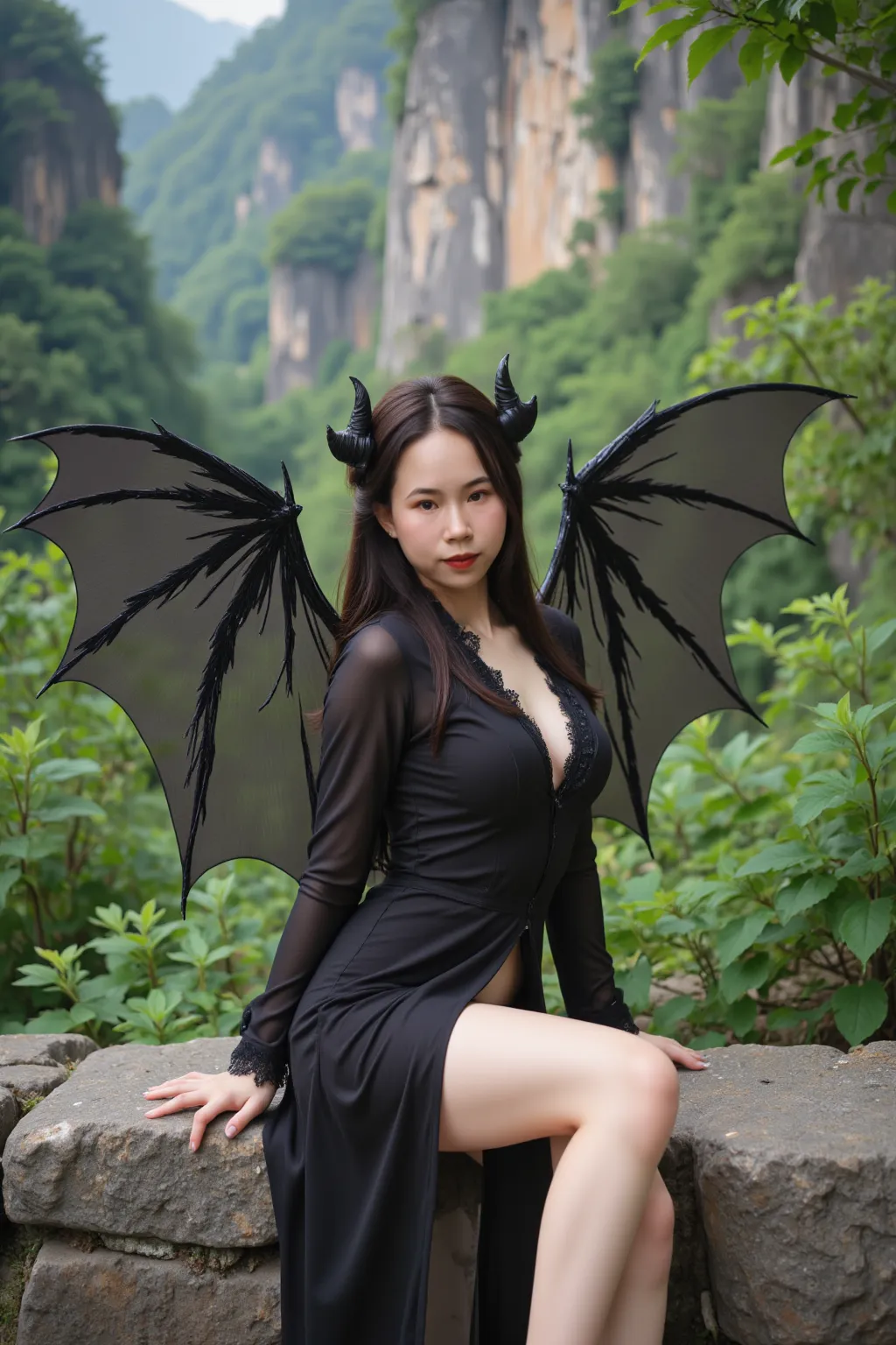 Solo Full body Beautiful pretty girl in a black red dress with horns, Beautiful Succubus, gothic girl, Beautiful elegant demon queen., Evil has black angel wings., Succubus in a short-fitting dress, epic fantasy, captured on canon eos r 6, (Realistic face details), intricate detailed, Portrait of a beautiful girl, very high details, photo-hyper-realistic, 8k, UHD, hyperdetailed, (Dynamic Poses:1.4), background : dark castle , smoke , blazing fire look like hell, seduced face look like Anime , 