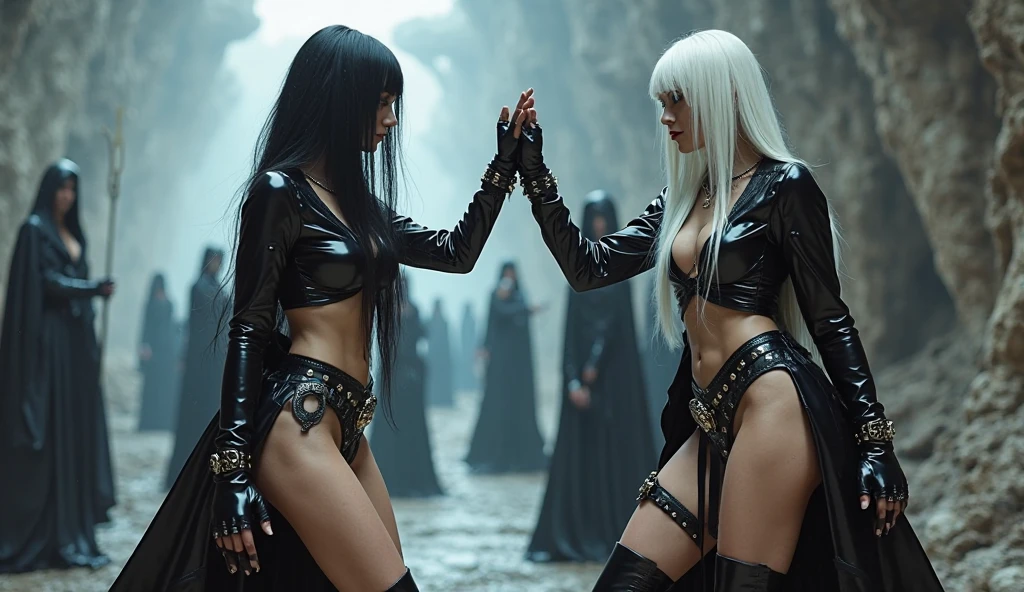 Dark Elf, 2girls, pointy ears, thighhighs, long hair, kneeling, black hair, looking at viewer, white hair, magic movie scene,fantasy,magic