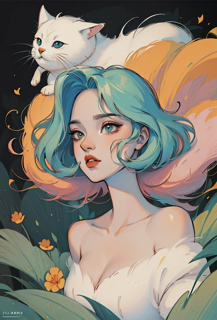 (best quality,4k,8 k,High resolution,masterpiece:1.2),extremely detailed,anime portrait ,retro doodle,Cat,shoulder，skirt，Comic art,low saturation,pastel,retro style,stylized lighting