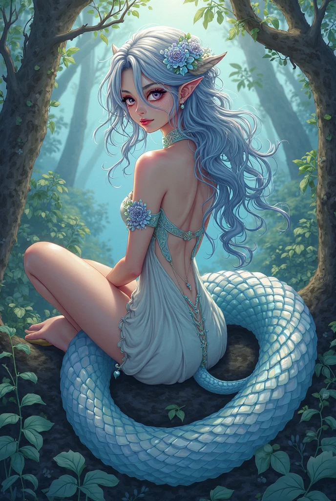 Brook baths naked,ray of sunlight,The lake is clear,8K quality,Reflection in the water,Human heads and snakes,long whitr hair,Green eyes,snake woman,opulent,Pure,elvish ears,pointy-eared,big breasts exposed cleavage,Charming,年轻,Snow-white skin,Whole body diagram,ultra-wide-angle,Swimming in the water