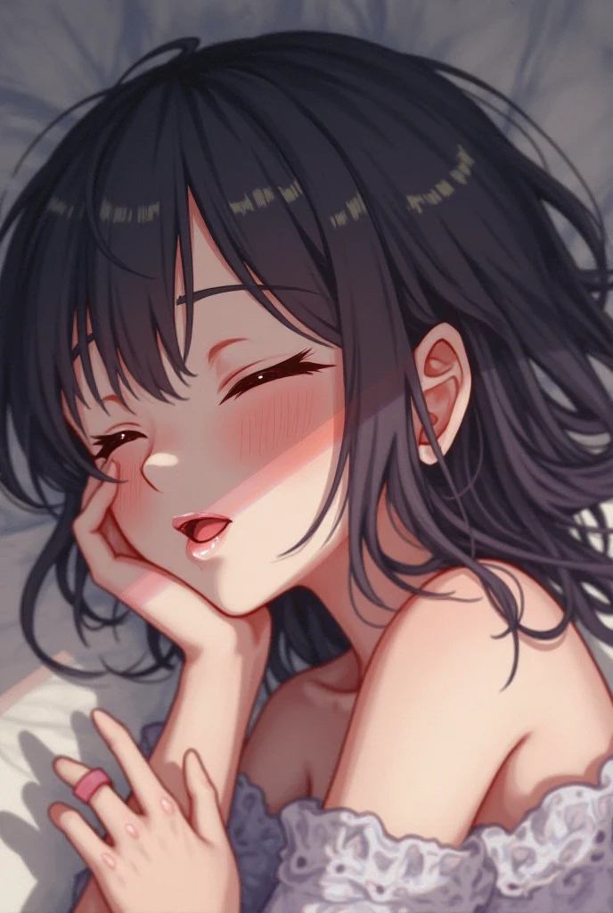 A middle-aged man buries his face in the chest of a naked, crying, black-haired, cute girl.