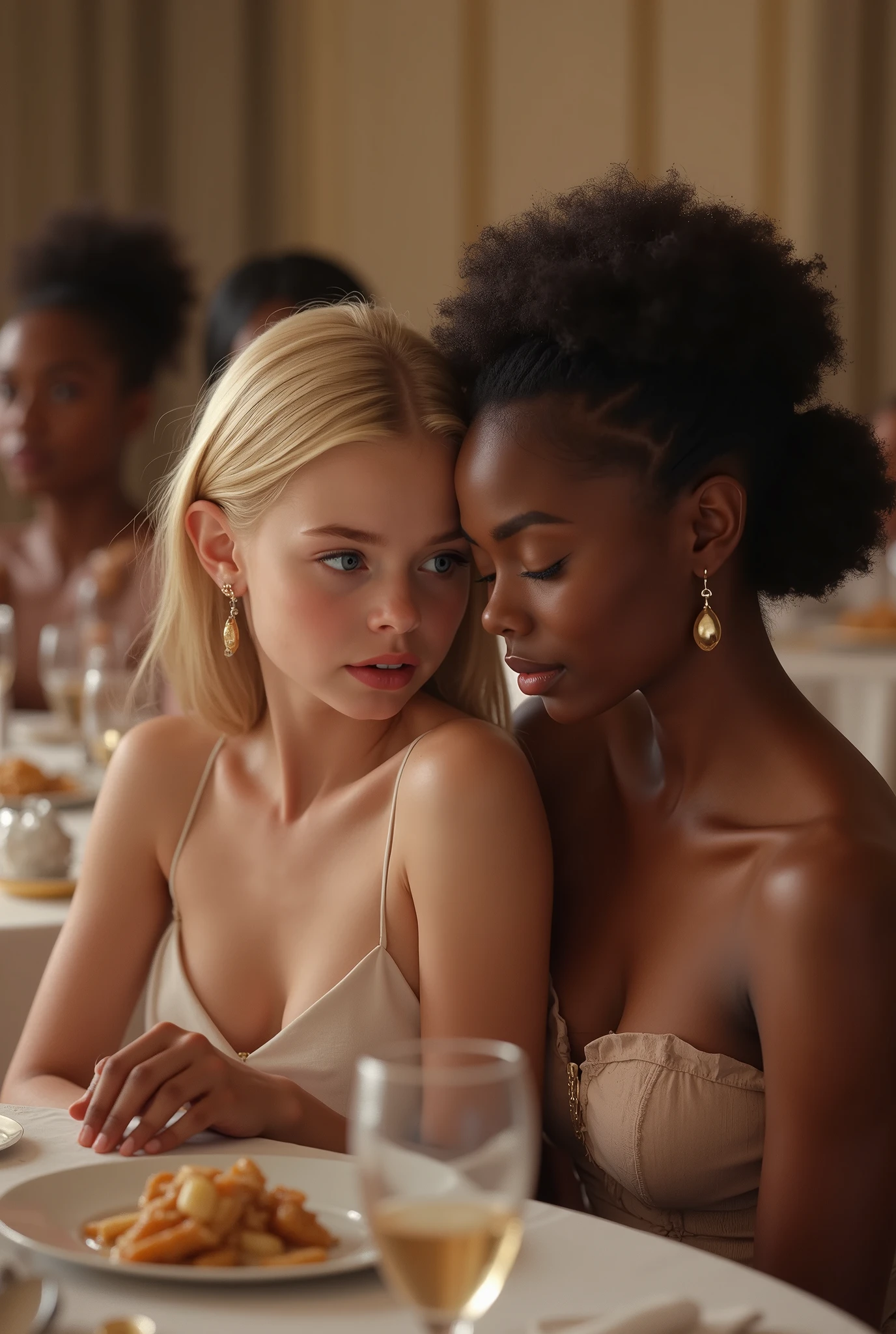 center of the banquet table, the viewer is also under the table, naughty atmosphere, girls (girl-1, girls 2-3) are under a banquet table at a conservative wedding. there are two sets of black skinned feet and legs per women seated around our main girls at the table, the legs and feet are peeking from under the table skirt, the main characters are under the table, There are 3 young and beautiful 1 girls, girl-1:(in center, white skinned, blond, blue shimmering eyes, conservative, anxious, aroused,), girls 2-3: (oily skin, black skinned, identical twins, fat, taller than girl-1, different hairstyles), girls 2-3 look at each other knowingly about the sexual adventure they will take their new friend girl-1 laying on the floor, girl-1 is aroused by girls 2-3, girls 2-3 are holding girl1 her, girls 2-3 want to kiss girl-1, realistic artstyle, casual pose, realistic style, official fanart, realism artstyle, hyperrealistic teen, high quality fanart, background artwork, calmly conversing 8k, realistic art style, relaxed poses, detailed realistic expressions, realistic picture,