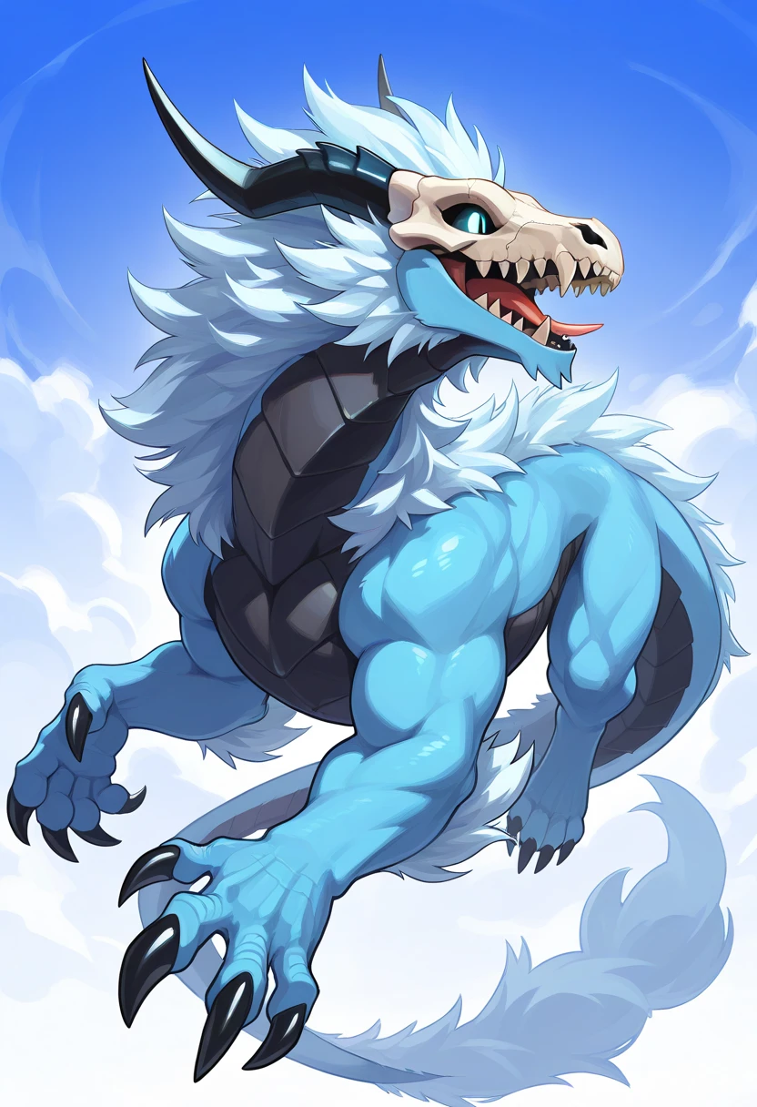 Feral skull dragon, skull face dragon, muscular, fur mane, smiling, mouth open, happy, full body view,, kind, friendly, kind eyes, light blue fur.