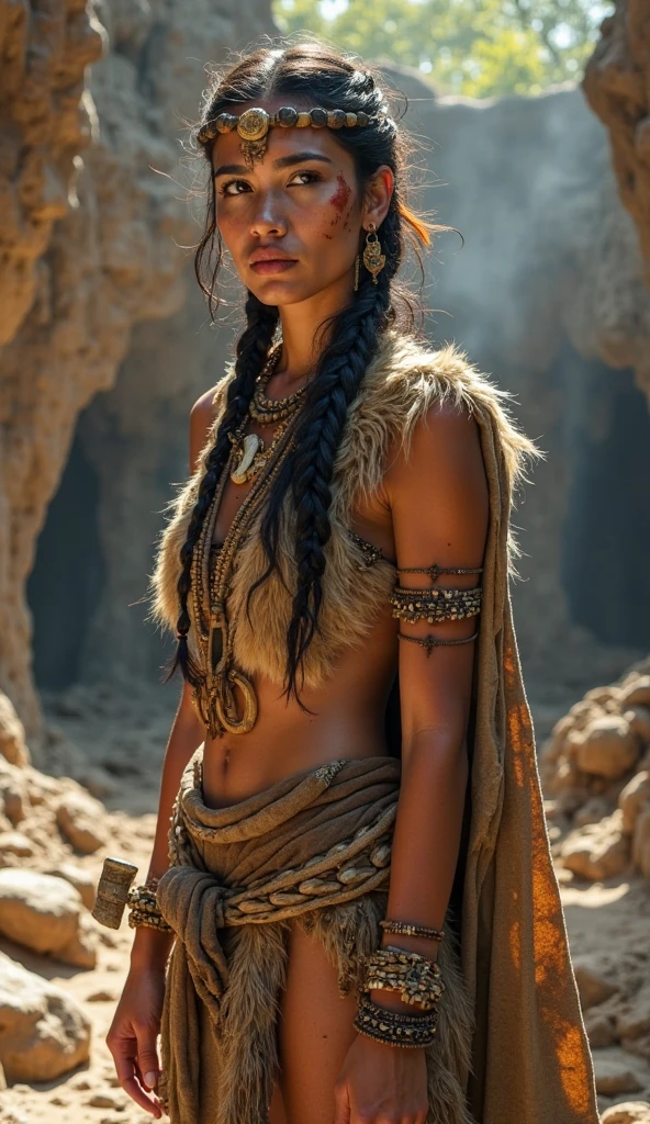A beautiful prehistoric woman from the Stone Age, standing proudly in a ...