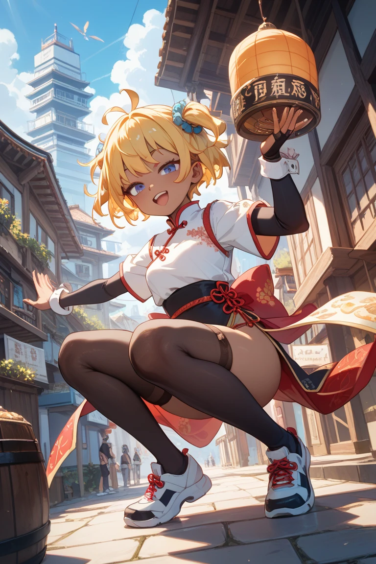 masterpiece, best quality, highres, (1girl), solo, blonde hair, medium hair, asymmetrical hair, floating hair, hair between eyes, high ponytail, sidelocks, hair ornament, fish hair ornament, tassel, kanzashi, bangs, orange eyes, open mouth, smile, teeth, upper teeth only, choker, red choker, pendant choker, butterfly choker, collarbone, tattoo, chest tattoo, flower tattoo, cleavage, medium breasts, thighs, bandages, bandaged leg, sarashi, budget sarashi, chest sarashi, black sash, hadanugi dousa, houkisei, japanese clothes, kimono, kinchaku, obi, obiage, obijime, orange kimono, pouch, print kimono, rope, sash, shimenawa, short kimono, single bare shoulder, vision (genshin impact), east asian architecture, cherry blossoms, full body, squatting, sparkler, night, firework, holding firework, legs together, feet, single glove, single fingerless glove, wristband, black socks,