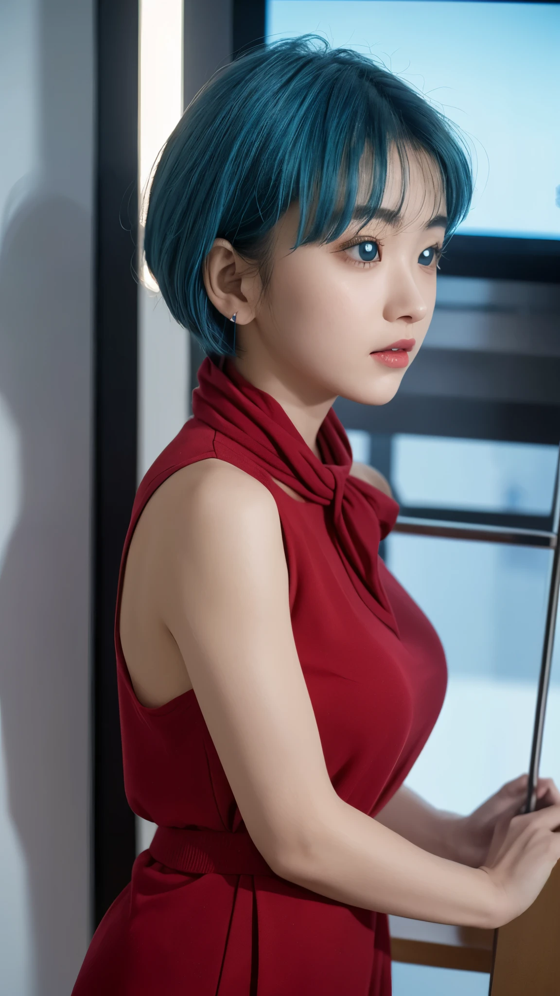 "Create an ultra-realistic portrait of Bulma from Dragon Ball as if she were a real human. She has striking blue hair styled in a modern, slightly wavy bob cut, vivid blue eyes, and a confident, intelligent expression. Her outfit is a stylish, futuristic capsule corp-themed jumpsuit with utility belts and tech gadgets, blending anime flair with real-world materials like leather, nylon, and metal. Her skin is flawless, with a natural glow, and the lighting should be cinematic, with soft shadows and depth. She is standing in a high-tech lab environment with glowing screens and advanced machinery in the background. Render in photorealistic style, 8K detail, with intricate textures on clothing and lifelike facial features, showing realism in skin pores, hair strands, and eye reflections."