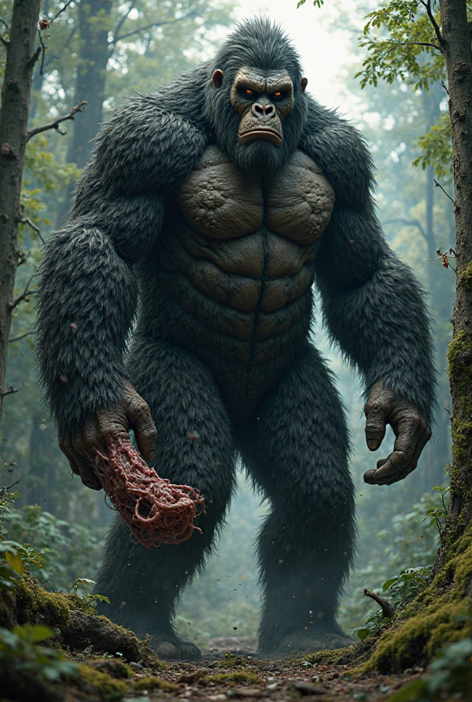 In the misty depths of the Pacific Northwest forest, a giant Sasquatch emerges from the shadows. Its muscular frame is covered in thick, dark fur, and its intense gaze seems to pierce through the fog. It lets out a deep, guttural growl that echoes through the trees, establishing its dominance over the wilderness