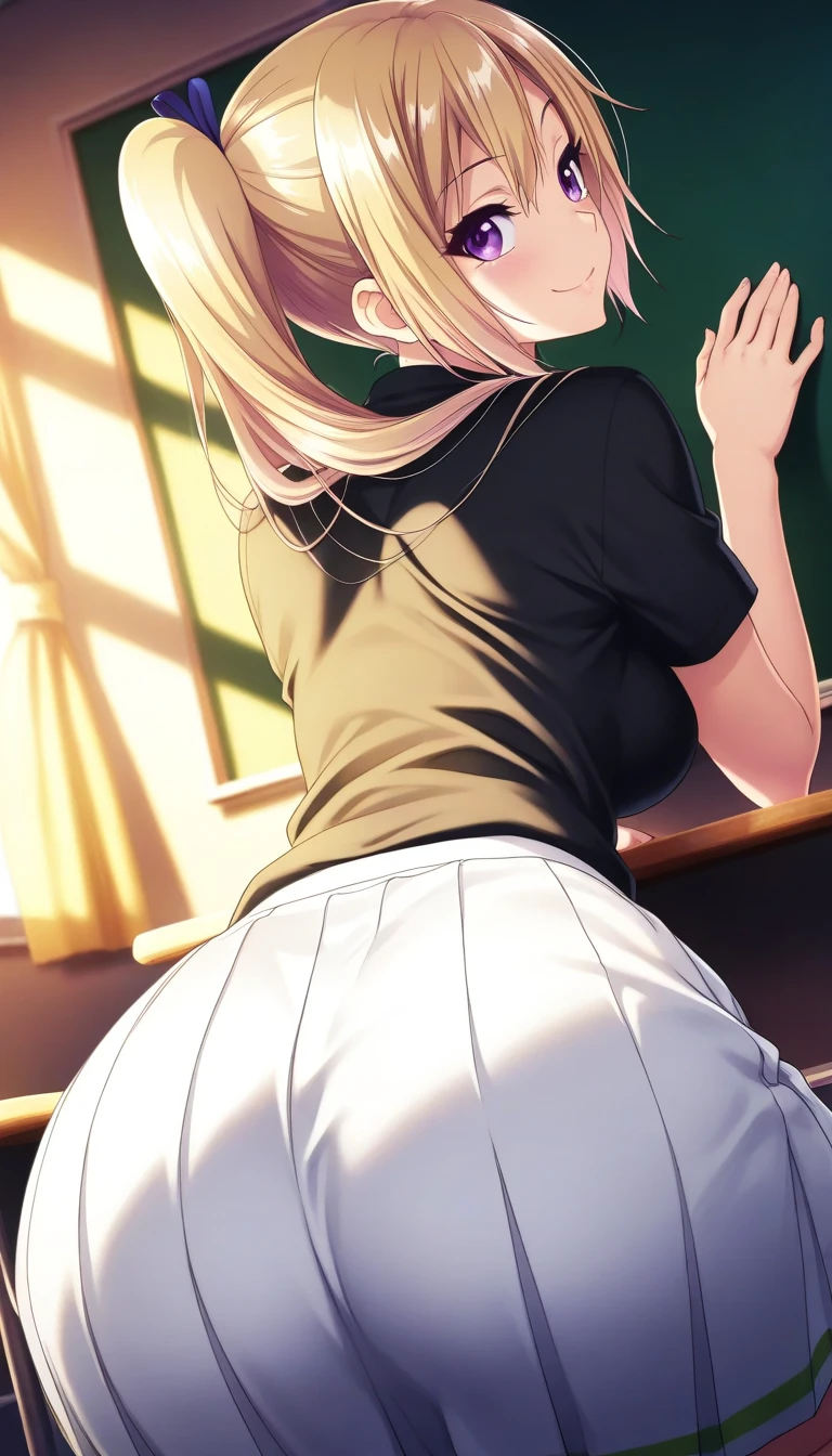 ((masterpiece)),(((Highest quality))),Thin thighs,An 25-year-old  girl ,White shirt,Blue and red plaid mini skirt:1.5,The best smile,Short-cut blonde:1.5,A pose from above with legs spread and buttocks sticking out, (hands on the hips), (stick out butt), (focus on hips), (high angle) ,(tan skin), show hips,(Top view), (shot from behind),(slouch),(purple panty),((big hips)), (standing doggy), {best quality}, {very aesthetic}, {ultra-detailed}, {best illustration}, nsfw, 1girl, {1man}, back style sex, {{standing doggy}}, classroom, from above