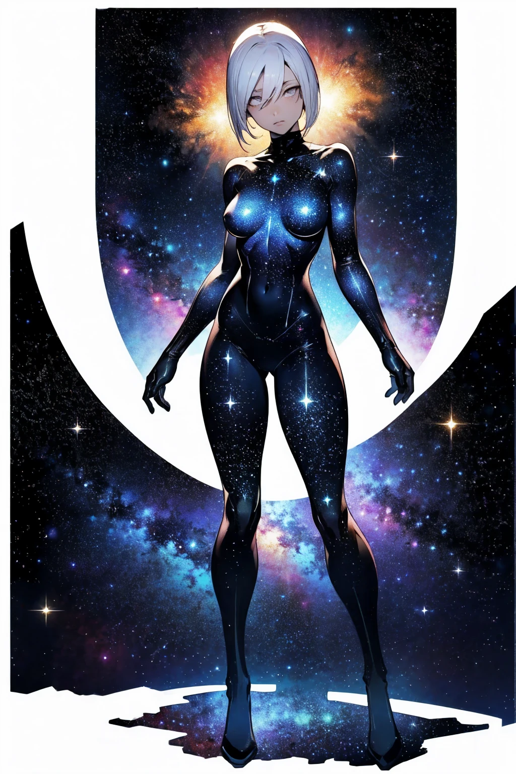 Considering that the character Astronir has the following characteristics,Create a card for the character's game: Has a human form, But with celestial characteristics. Her skin is the color of deep ebony, Dotted with bright stars,It seemed to float under her translucent skin. Your eyes are glowing spheres of pure stellar energy, Shining with cosmic strength. He has silver hair,Glows like a full moon.