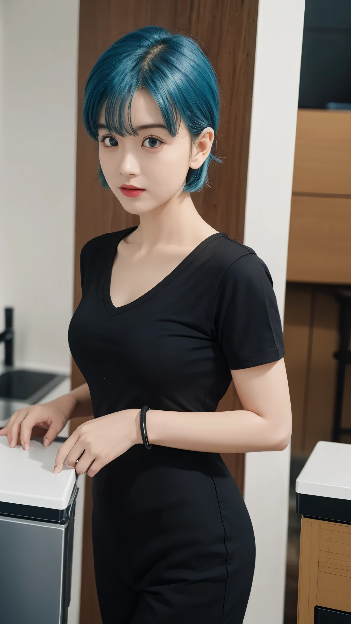 "Create an ultra-realistic portrait of Bulma from Dragon Ball as if she were a real human. She has striking blue hair styled in a modern, slightly wavy bob cut, vivid blue eyes, and a confident, intelligent expression. Her outfit is a stylish, futuristic capsule corp-themed jumpsuit with utility belts and tech gadgets, blending anime flair with real-world materials like leather, nylon, and metal. Her skin is flawless, with a natural glow, and the lighting should be cinematic, with soft shadows and depth. She is standing in a high-tech lab environment with glowing screens and advanced machinery in the background. Render in photorealistic style, 8K detail, with intricate textures on clothing and lifelike facial features, showing realism in skin pores, hair strands, and eye reflections."