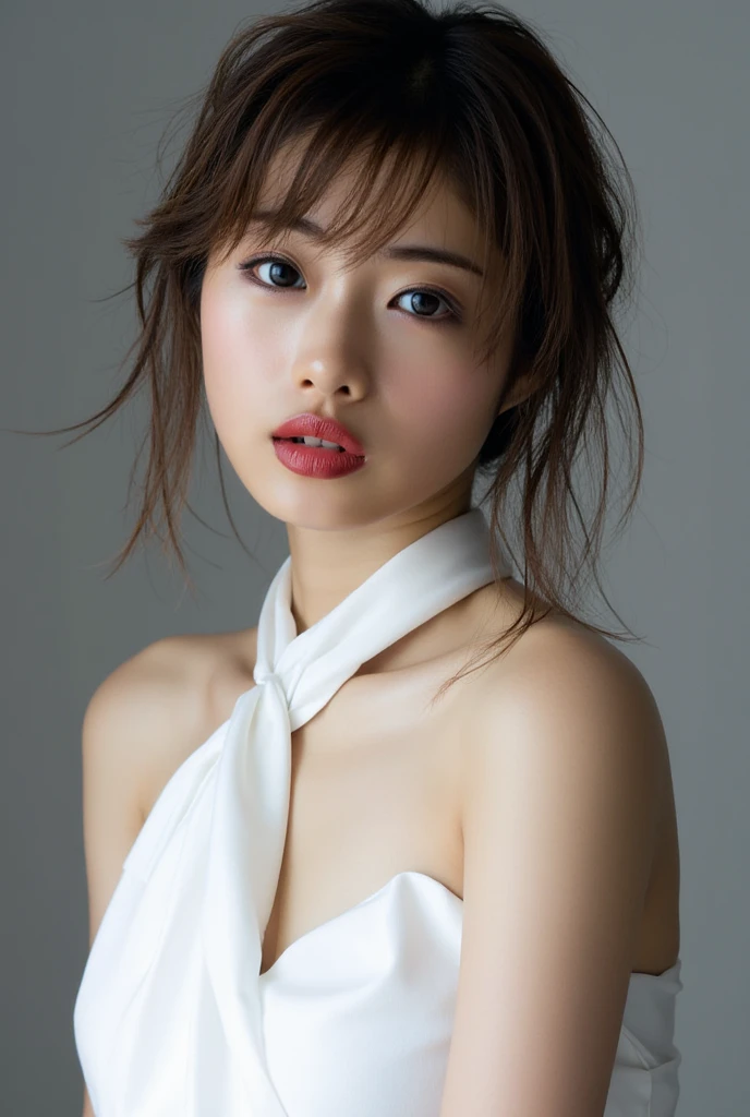 1girl, (18-year-old Asian girl), (brown hair), medium hair, (front hair bangs), brown eyes, (small nose), (attracting face), (bare face, no makeup), (mouth opened), (small busts: 1.3), (loose white bra: 1.3), (wide cleavage gap), looking at the camera,  body hair, (skinny body), (bukkake), cum cover,