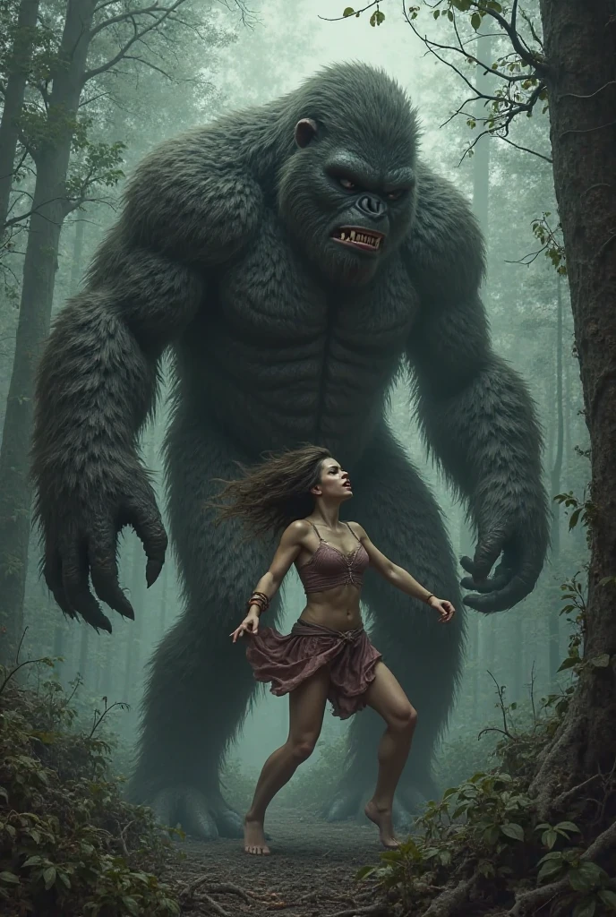 Big giant man chasing a woman in latex stockings inside a big forest real picture 