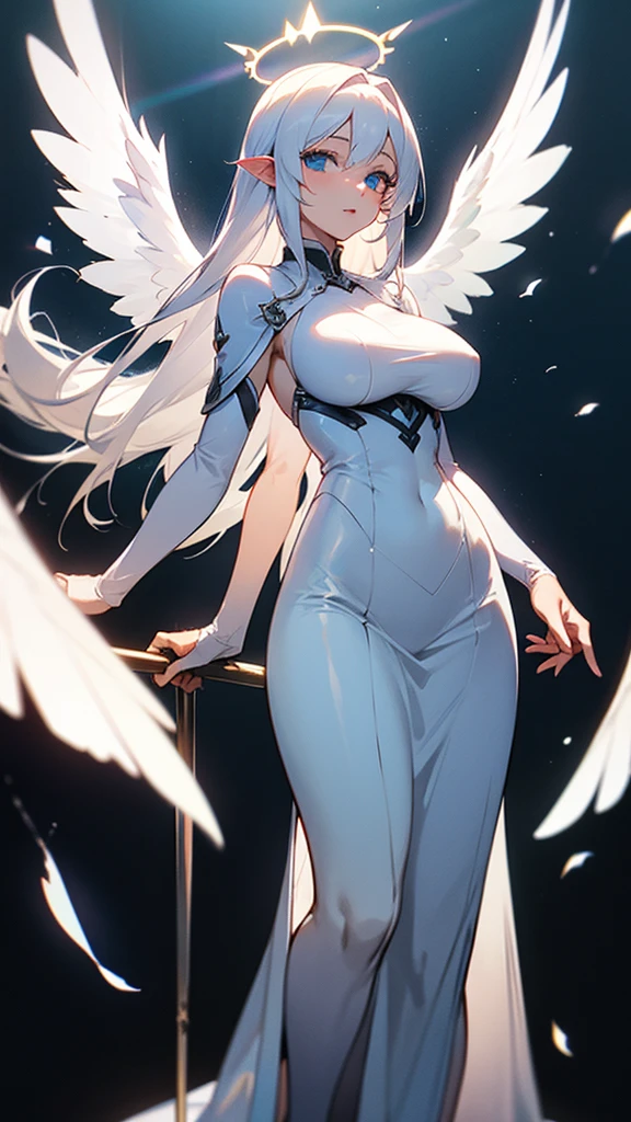 (Masterpiece, 4K resolution, ultra-realistic, highly detailed), (White costume superhero theme, charismatic, girl on top of the city, wearing white Spider-Man costume, superheroine), [((23 years old), (long white hair:1.2), full-body, (blue eyes:1.2), (Spider-Man dynamic poses) ((gritty urban environment):0.8)| (urban landscape, nighttime, dynamic lights), (full moon))]