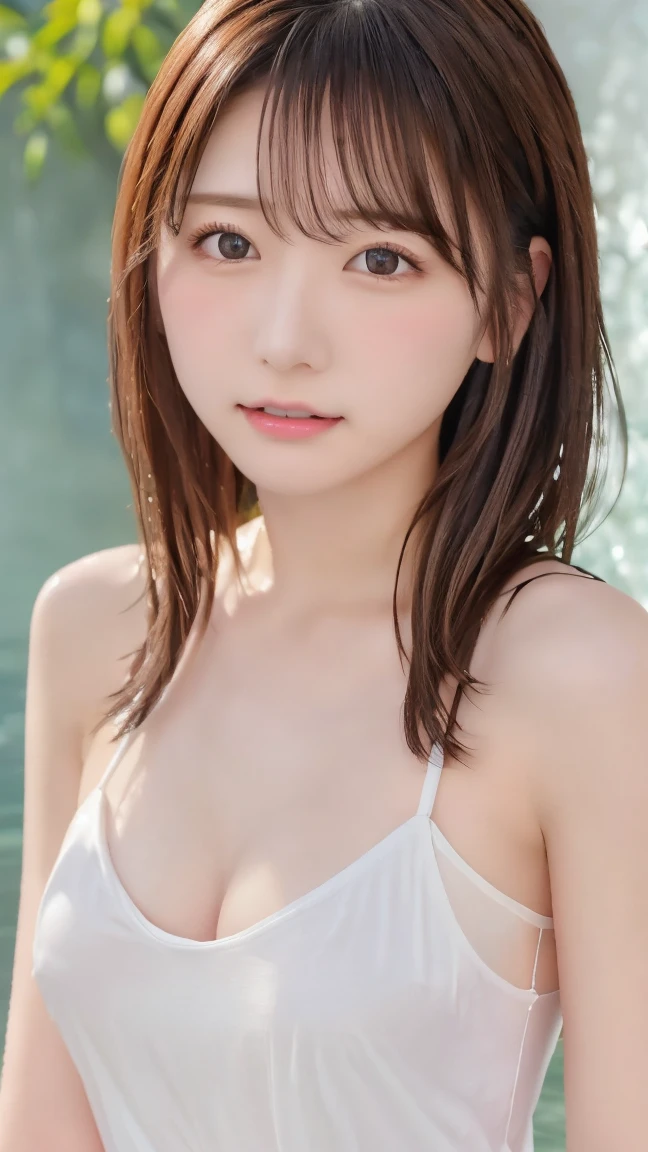 Black and white one piece swimsuit, (Photo realistic:1.4), (hyper Realistic:1.4), (Realistic:1.3), (Smooth lighting:1.05), (Improve the quality of your video lighting:0.9), 1 Female, 26-year-old woman, Realistic lighting, Backlight, Facial Light, Ray-tracing, (Cheerfulness:1.2), (Improved image quality:1.4), (Top quality real texture skins), Finely grained, Small Face, Red cheeks, Skinny body, Big Breasts,9 heads,Beautiful feet,Pointed jaws, Korean Idol, Nogizaka Idol, Glowing Skin, Gravure idol pose, By the pool, Blunt bangs, Light brown hair, Hair behind the ear, Hair that falls over the shoulders, Long Hair,Tear bags