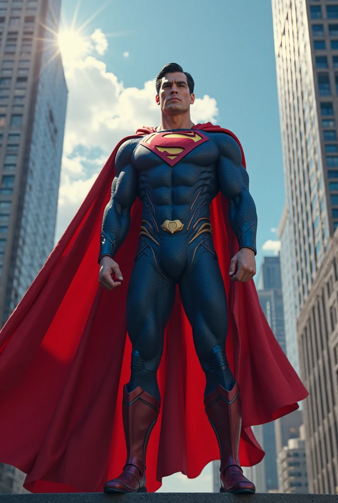 High-resolution full-body portrait of Superman, with classic costume, christopher reeve, homem de 42 anos, bem magro, estatura de (1,80), corte de cabelo curto de estilo militar, latino-americano, HD, Retrato digital, majo, Artistic Station, comiс style, por artgerm, Cara Denning, Jakub Rozalski, Magali Villeneuve e Charlie Bowater, ao fundo a cidade de Nova York