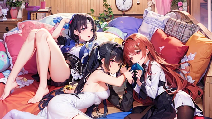 、Three Girls、From directly below voyeur photos、(((Character design sheet、From directly below、vagina、Butt、anal、Side bust、return))), (((Perfect photo))), Highest quality, Official Art, Best Anatomy,
