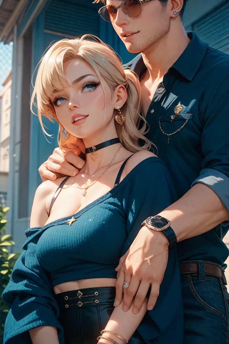 Hermosa chica rubia muy sexy con tetas muy pero que muy grandes, enormes. Facing the wall and only with an open white shirt and with a handsome boy behind him holding him by the waist..