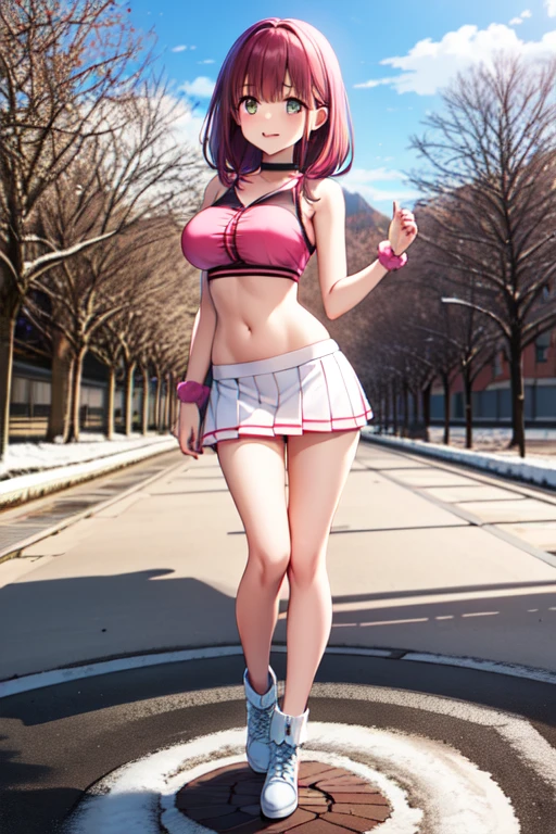 girl,Young,(masterpiece,Highest quality),Street,Completely naked,Bare shoulders、Gal、Pink Hair、smile、passionate、long hair、(Underboob),Big Breasts,Cleavage,(stomach),Mini tube top、looking at the camera、Ultra Micro Mini Pleated olo、Are standing、barefoot,In the city