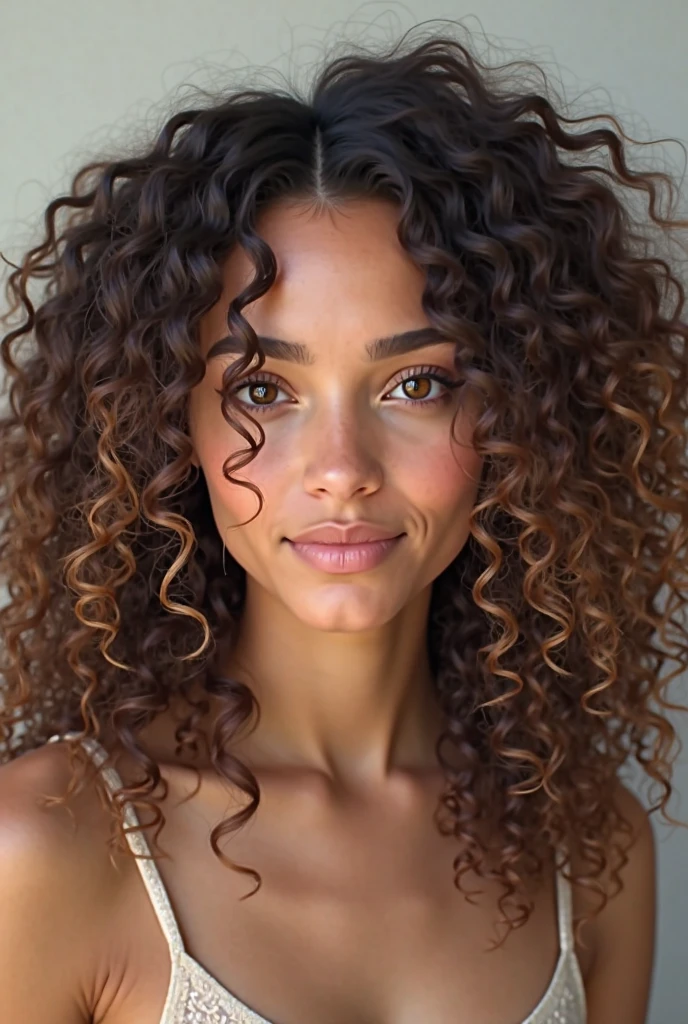 1 femme adulte, cheveux longs, curly hair, couleur de cheveux noirs, peau douce, yeux marrons, sourir, vegetation, Occasionnel, vêtements de style femme d&#39;affaires, blazer marron clair, Realistic, avec fond dans un restaurant chic, 8k super Realistic, super detalhado e Realistic, femme noire africaine,  